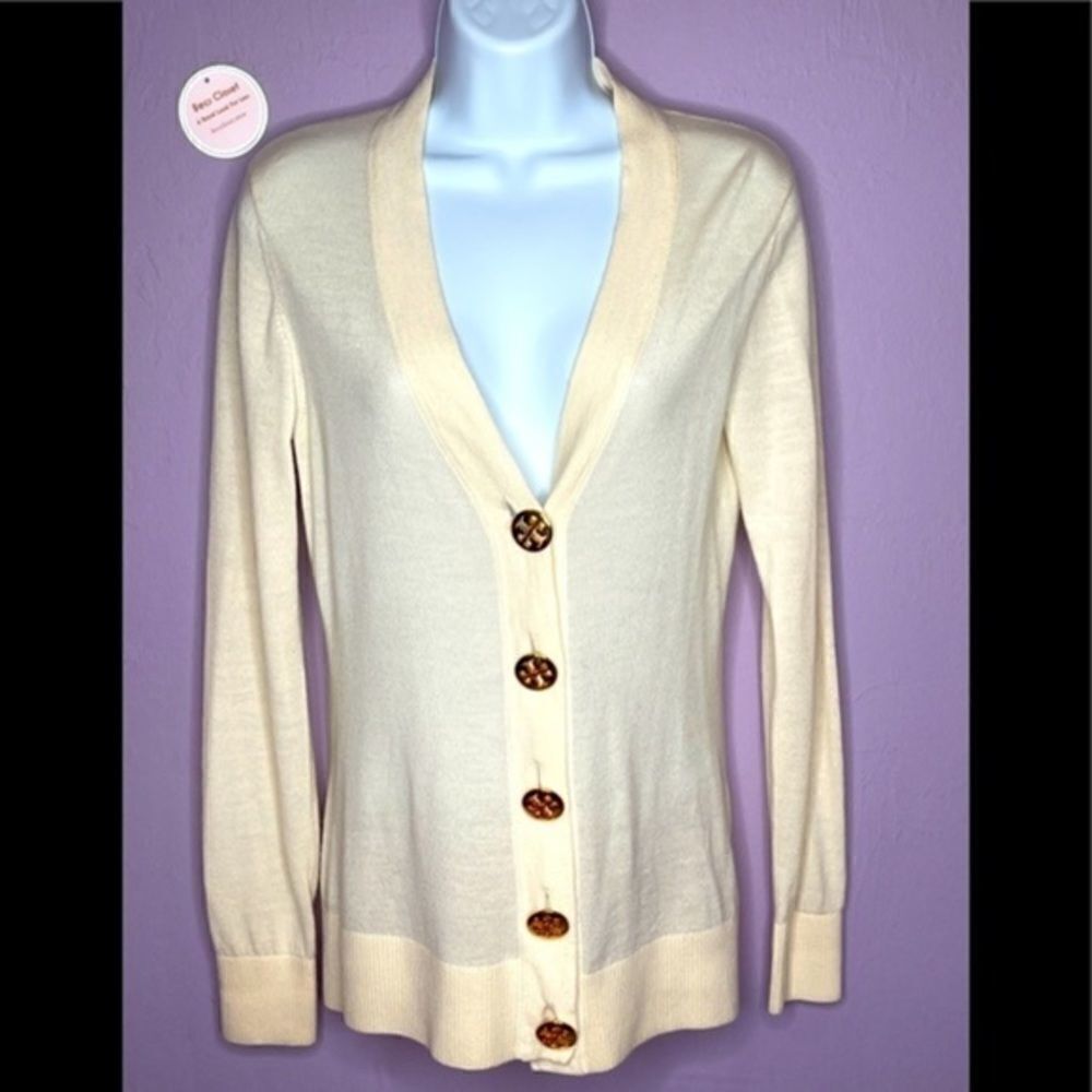 Troy Burch Simone V-Neck Cream Gold Fall Winter Spring Summer Cardigan Sz XS